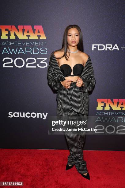 Storm Reid attends the 2023 Footwear News Achievement Awards at Cipriani South Street on November 29, 2023 in New York City.