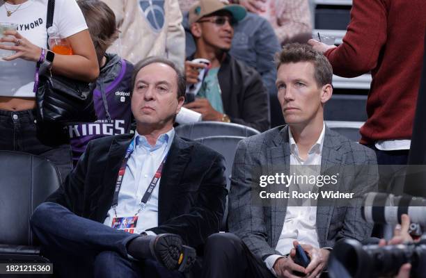 Majority owner Joe Lacob and General Manager Mike Dunleavy Jr. Of the Golden State Warriors look on during the game between the Golden State Warriors...