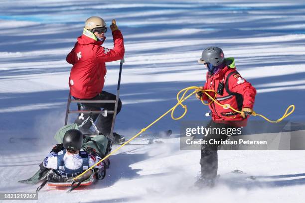 Henrik von Appen of Team Chile is carried off on a sled by medical professionals after a crash during the Audi FIS Alpine Ski World Cup Men's...