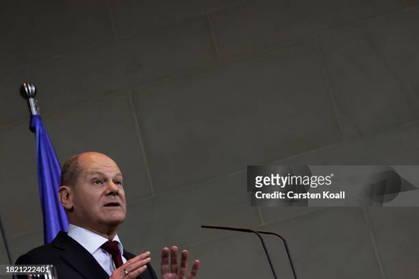German Chancellor Olaf Scholz together with Brazilian President Luiz Inacio Lula da Silva attend a press conference at Chancellory on December 4,...