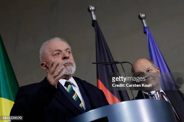 German Chancellor Olaf Scholz and Brazilian President Luiz Inacio Lula da Silva attend a press conference at Chancellory on December 4, 2023 in...