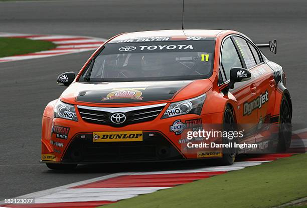 Frank Wrathall drives the Dynojet Racing Toyota Avensis during practice for the Dunlop MSA British Touring Car Championship race at the Silverstone...