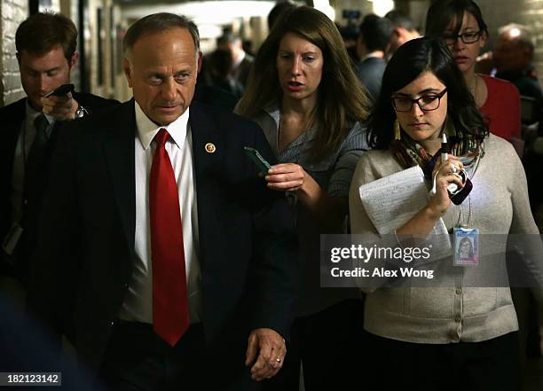 Rep. Steve King is followed by reporters as he arrives at a House Republican Conference meeting September 28, 2013 on Capitol Hill in Washington, DC....