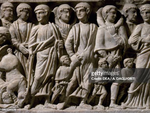 Moses and the Jewish people, detail from the front end of a sarcophagus depicting the exodus from Egypt, artefact uncovered in Manastirine, Croatia....