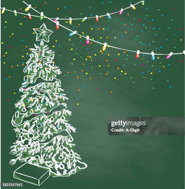 christmas lights and tree background chalkboard - outdoor string lights stock illustrations