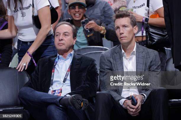 Majority owner Joe Lacob and General Manager Mike Dunleavy Jr. Of the Golden State Warriors look on during the game between the Golden State Warriors...