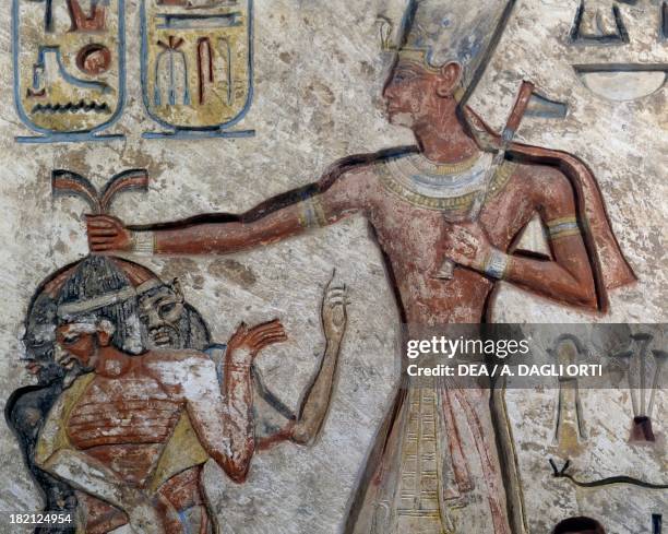 Ramesses II holding prisoners by their hair. Detail. Egyptian Civilisation, New Kingdom, Dynasty XIX. Cairo, Egyptian Museum