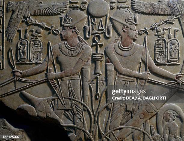 Amenhotep III in his chariot, detail from the stele of Amenhotep III, from the Temple of Meremptah at Thebes. Egyptian Civilisation, New Kingdom....