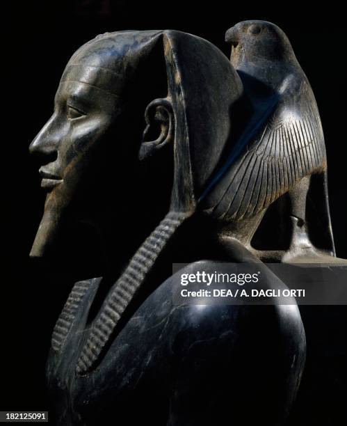 Pharaoh Khafre on the throne with the wings of the falcon god Horus wrapped around his head, diorite statue, 168cm x 57cm, from Giza. Detail....