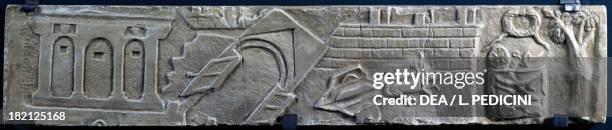 Earthquake of 62 AD, the walls and Vesuvius Gate, Castellum Aquae and a birds' eye view of a chariot, plaster cast from the 1930s of the 20th century...