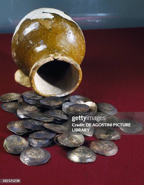 Coins in a glazed ceramic pot, part of the Bektasli Treasure, uncovered from Daphne, Antioch, Turkey. Roman Civilisation. Antakya, Hatay Muzesi