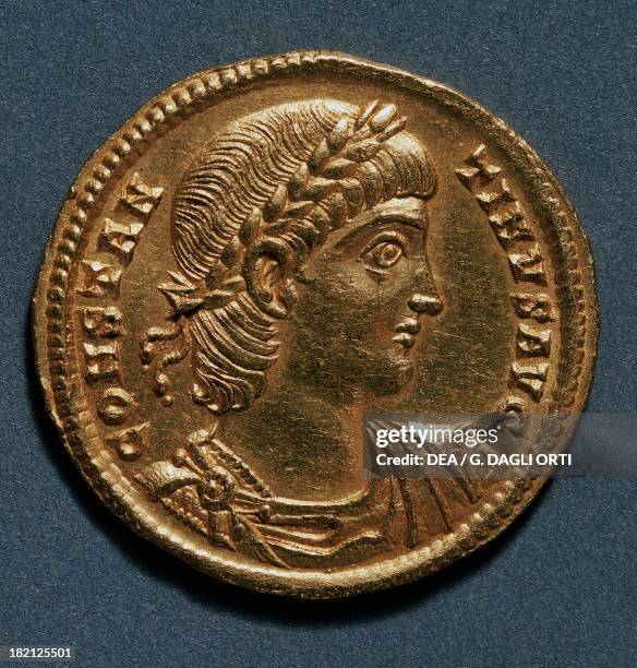 Gold solidus of Constantine the Great bearing the image of the emperor, recto. Roman coins, 3rd-4th century AD.