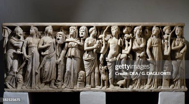 Sarcophagus of Julius Longinus, head of the decurions at Misenus, with depictions of Apollo, Minerva, and the nine Muses. Roman Civilisation, 3rd...