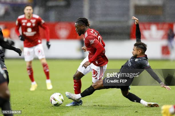 Jim ALLEVINAH - 02 Bradley LOCKO during the Ligue 1 Uber Eats match between Stade Brestois 29 and Clermont Foot 63 at Stade Francis Le Ble on...