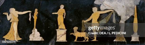 Dionysian scene, fourth style mosaic on a board with marble inserts yellow, green, peach blossom and palombino, artefact uncovered in the House of...
