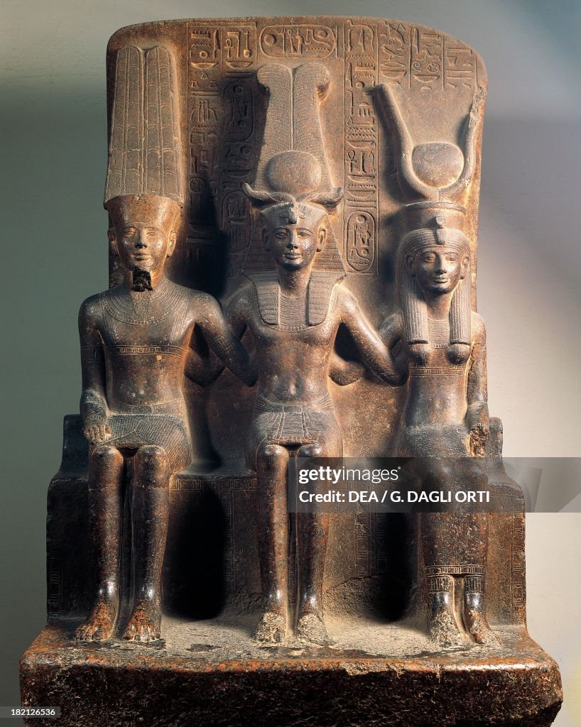 Rhamesses Pharaoh Ramesses II between the god Amon and the goddess Mut, pink ...