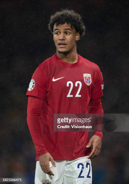 Oscar Bobb of Norway during the UEFA EURO 2024 European qualifier match between Scotland and Norway at Hampden Park on November 19, 2023 in Glasgow,...