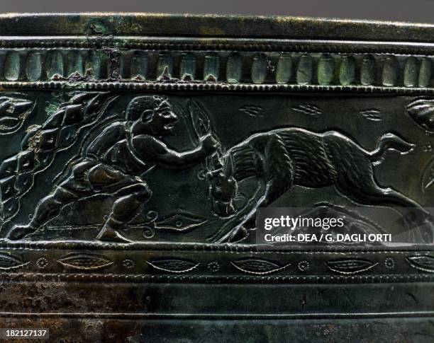 Imperial age bronze frieze depicting a hunting scene. Roman Civilisation, 2nd century. Nimega, Rijksmuseum Gm Kam