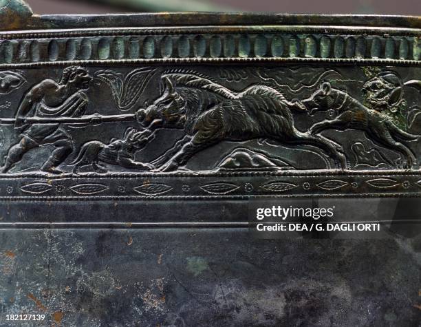 Frieze depicting a boar hunt, detail from a bronze situla. Roman Civilisation, 2nd-3rd century. Nimega, Rijksmuseum Gm Kam