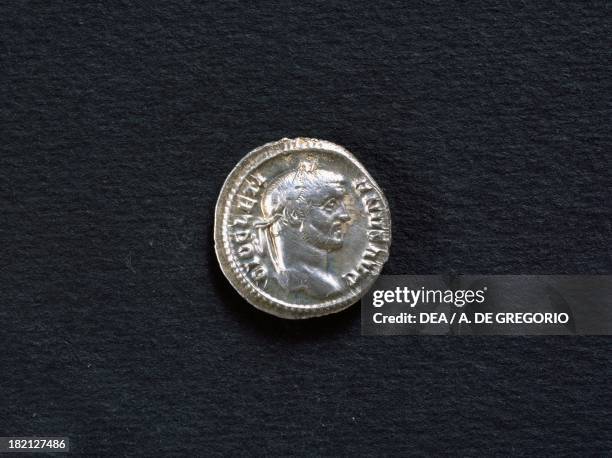 Diocletian argenteus bearing the image of the Emperor, recto. Roman coins, 3rd-4th century AD.