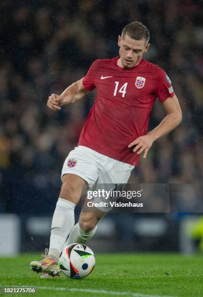 Julian Ryerson of Norway in action during the UEFA EURO 2024 European qualifier match between Scotland and Norway at Hampden Park on November 19,...