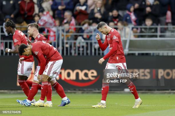 Hugo MAGNETTI - 27 Kenny LALA - 29 Mathias PEREIRA LAGE during the Ligue 1 Uber Eats match between Stade Brestois 29 and Clermont Foot 63 at Stade...
