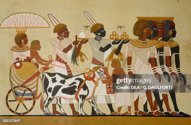 The arrival of an Ethiopian princess in Thebes, copy of a fresco from the 18th Dynasty, engraving from Atlas de l'Histoire de l'Art Egyptien d'apres...