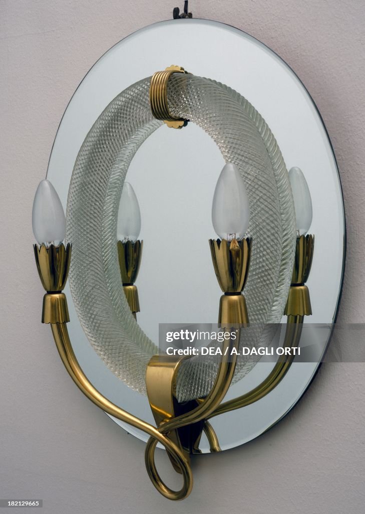 Mirror with light fittings in glass and brass...