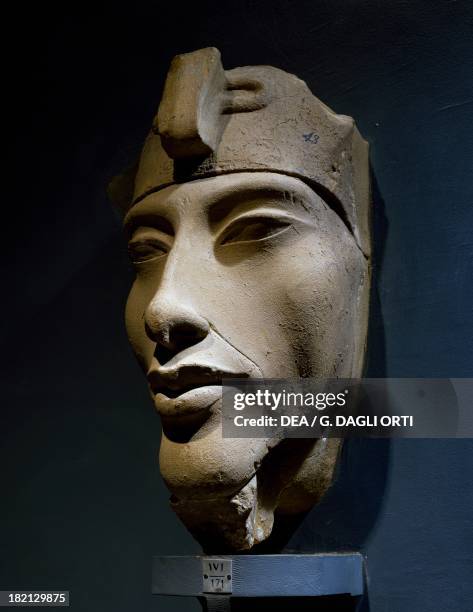 Head of Amenhotep IV Uraeus- headdress, sandstone statue, from the Temple of Amun at Karnak. Egyptian civilisation, New Kingdom, Dynasty XVIII....