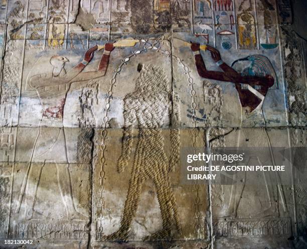 Queen Hatshepsut between the God Horus and the God Thoth, painted relief, hall of the Red Chapel of Hatshepsut, Karnak temple complex . Egyptian...