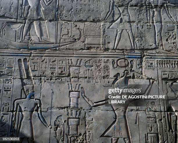 Queen Hatshepsut before the God Amun, detail from scenes of offerings to the gods, relief, interior walls of the Great Hypostyle Hall, Karnak temple...