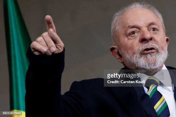 Brazilian President Luiz Inacio Lula da Silva speaks during a press conference with German Chancellor Olaf Scholz at Chancellory on December 4, 2023...