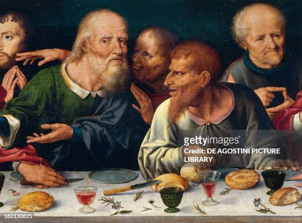 The Last Supper, Judas and the other apostles, Joos van Cleve , altarpiece from the church of Frati Minori in Genoa, Italy, 16th century. Detail from...
