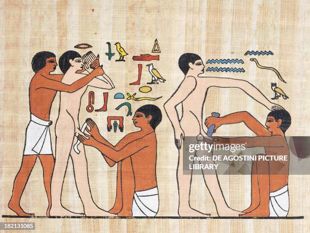 Scene of circumcision, papyrus, reconstruction of a relief from the mastaba of Ankhmahor at Saqqara, original dating back to the Dynasty VI. Egyptian...