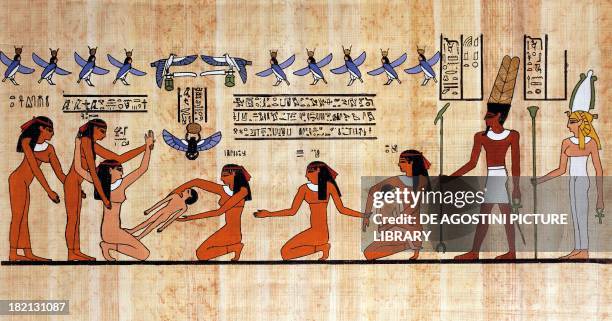 Childbirth scene, the mother is helped by her handmaidens and the midwife, papyrus, reconstruction of a Theban painting from the Dynasty XIX....