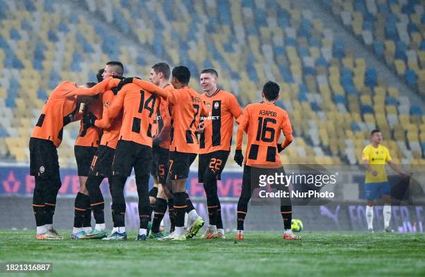 Players from FC Shakhtar Donetsk are hugging during the 2023/2024 Ukrainian Premier League 16th Round game against FC Metalist 1925 Kharkiv at the...