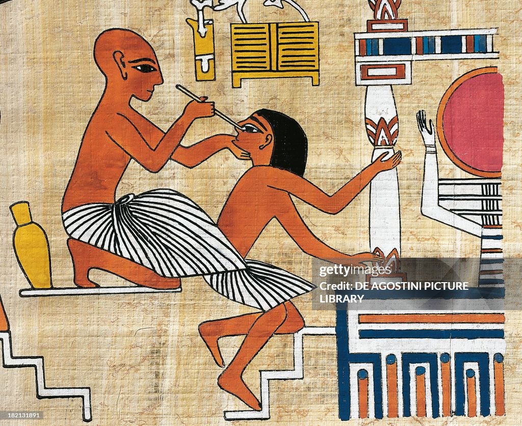 Ophthalmologist treating a patient, papyrus, reconstruction of a fresco from the Theban tomb of Ipi, originally dating back to the Dynasty XIX. Egyptian civilisation.
