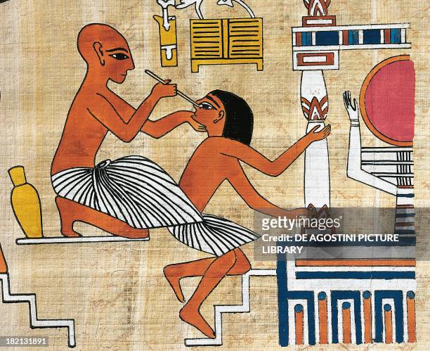 Ophthalmologist treating a patient, papyrus, reconstruction of a fresco from the Theban tomb of Ipi, originally dating back to the Dynasty XIX....