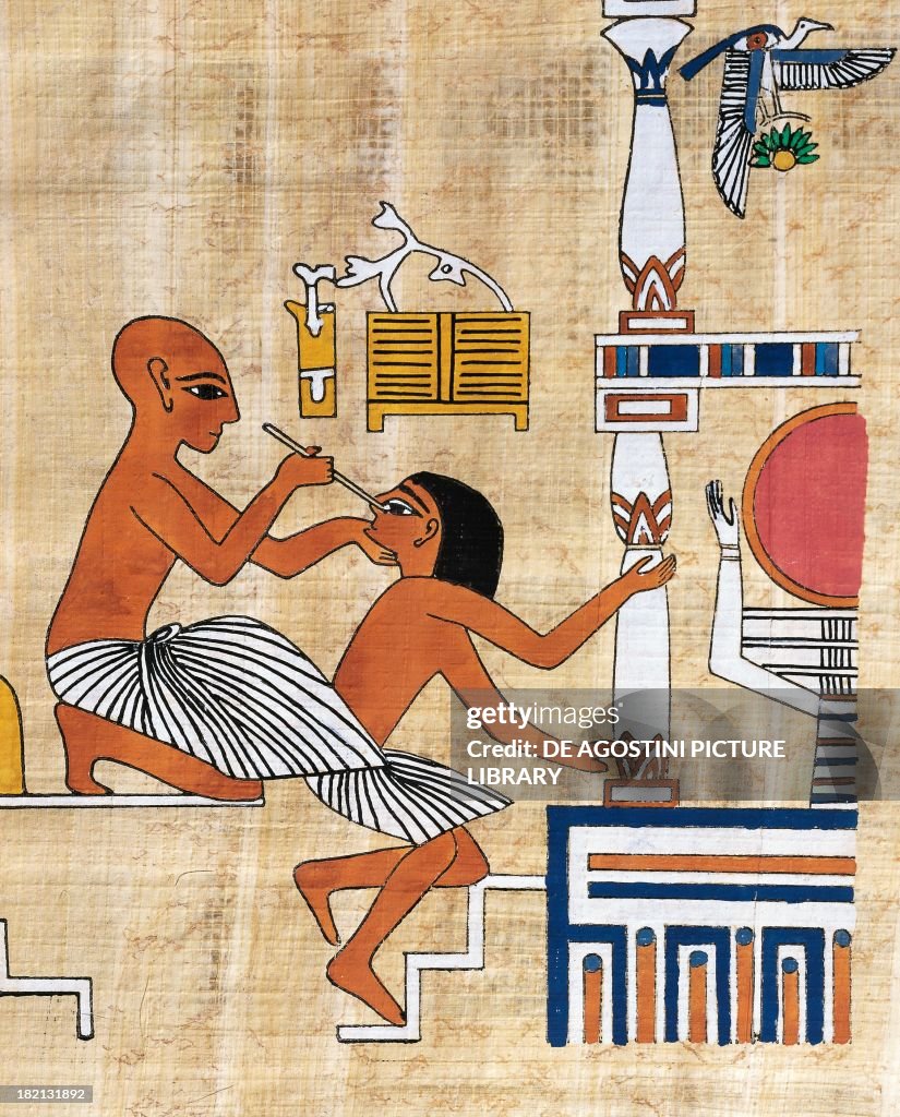 Ophthalmologist treating a patient, papyrus, reconstruction of a fresco from the Theban tomb of Ipi, originally dating back to the Dynasty XIX. Egyptian civilisation.