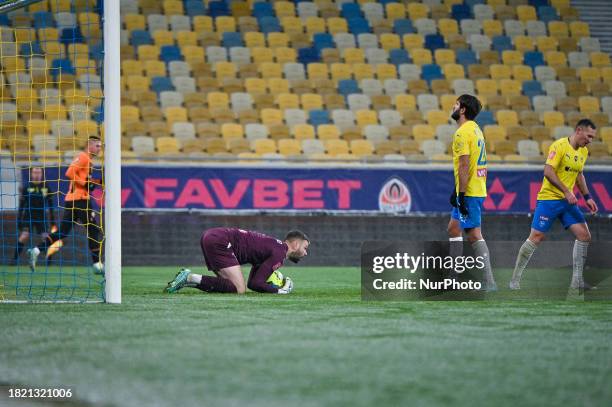 Goalkeeper Denys Sydorenko of FC Metalist 1925 Kharkiv is making a save during the 16th Round game of the 2023/2024 Ukrainian Premier League against...