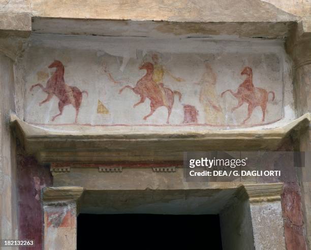 Frieze with horses, fresco on the front door of Tomb 2, Necropolis of Mustapha Pasha, Alexandria, Egypt. Egyptian Civilisation, Ptolemaic Period, 2nd...