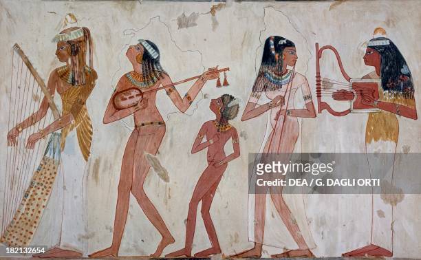 Musicians, copy of a fresco from the Tomb of Djeserkaraseneb, Thebes, dating back to the 18th Dynasty, panel from Ancient Egyptian Paintings, by Nina...