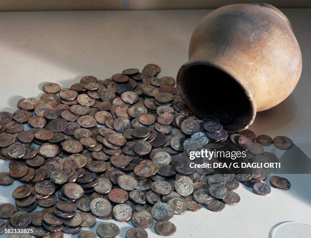 Treasure, terracotta vase containing 429 Roman coins, minted between the reigns of Antoninus Pius and Maximinus Thrax . Roman coins, 2nd-3rd century...