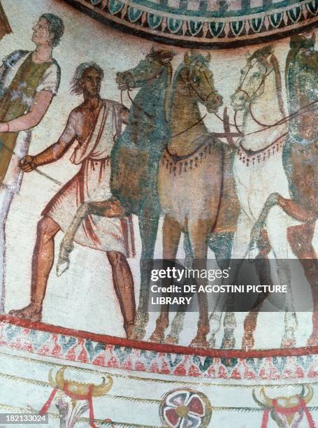 Slave and chariot, fresco from a Hellenistic tomb, Kazanlak, Bulgaria. Hellenistic Civilisation, 3rd century BC.