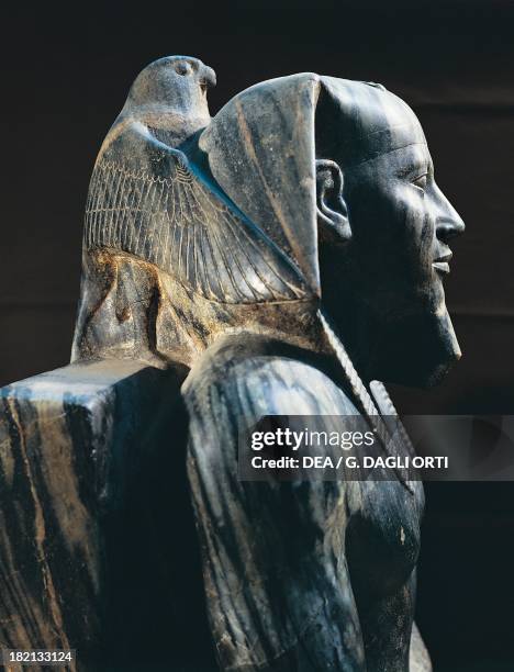 Pharaoh Khafre on the throne with the wings of the falcon god Horus wrapped around his head, diorite statue, 168cm x 57cm, from Giza. Detail....