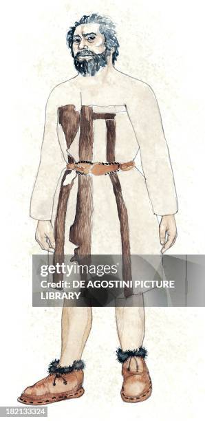 Reconstruction of clothing of Similaun Man or Iceman, Eneolithic Period, illustration.