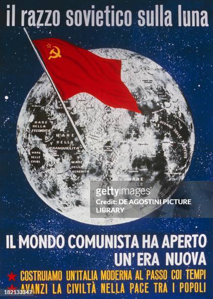 Italian Communist Party poster celebrating the landing of the Soviet space probe Lunik 2 on the Moon, September Italy, 20th century.