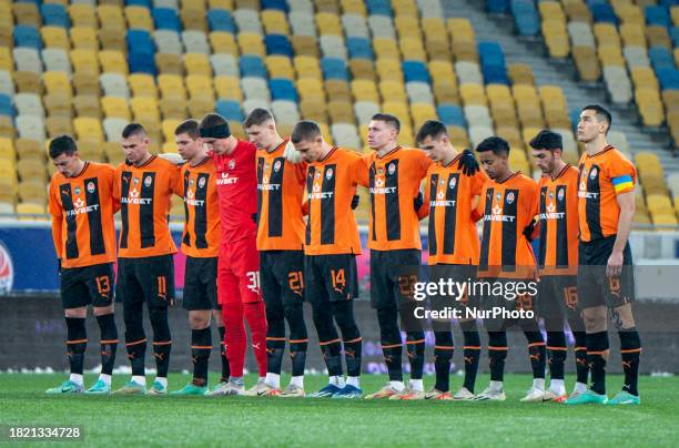 In Lviv, Ukraine, on December 3 players of FC Shakhtar Donetsk are lining up before the start of the 16th Round game of the 2023/2024 Ukrainian...