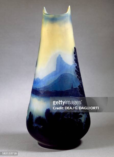 Cameo glass vase with a pear shaped body decorated with a view of the bay of Rio de Janeiro by Emile Galle, Nancy, France, 19th century.