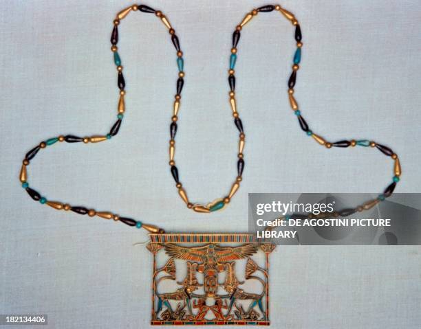 Gold breastplate complete with necklace and inlaid with carnelian, lapis lazuli and turquoise, once belonging to Princess Mereret, daughter of...